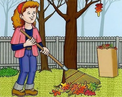 Дети убирают листья