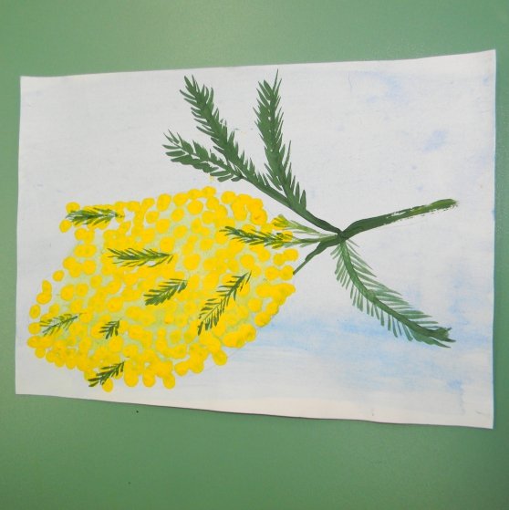 Веточка мимозы ватными палочками