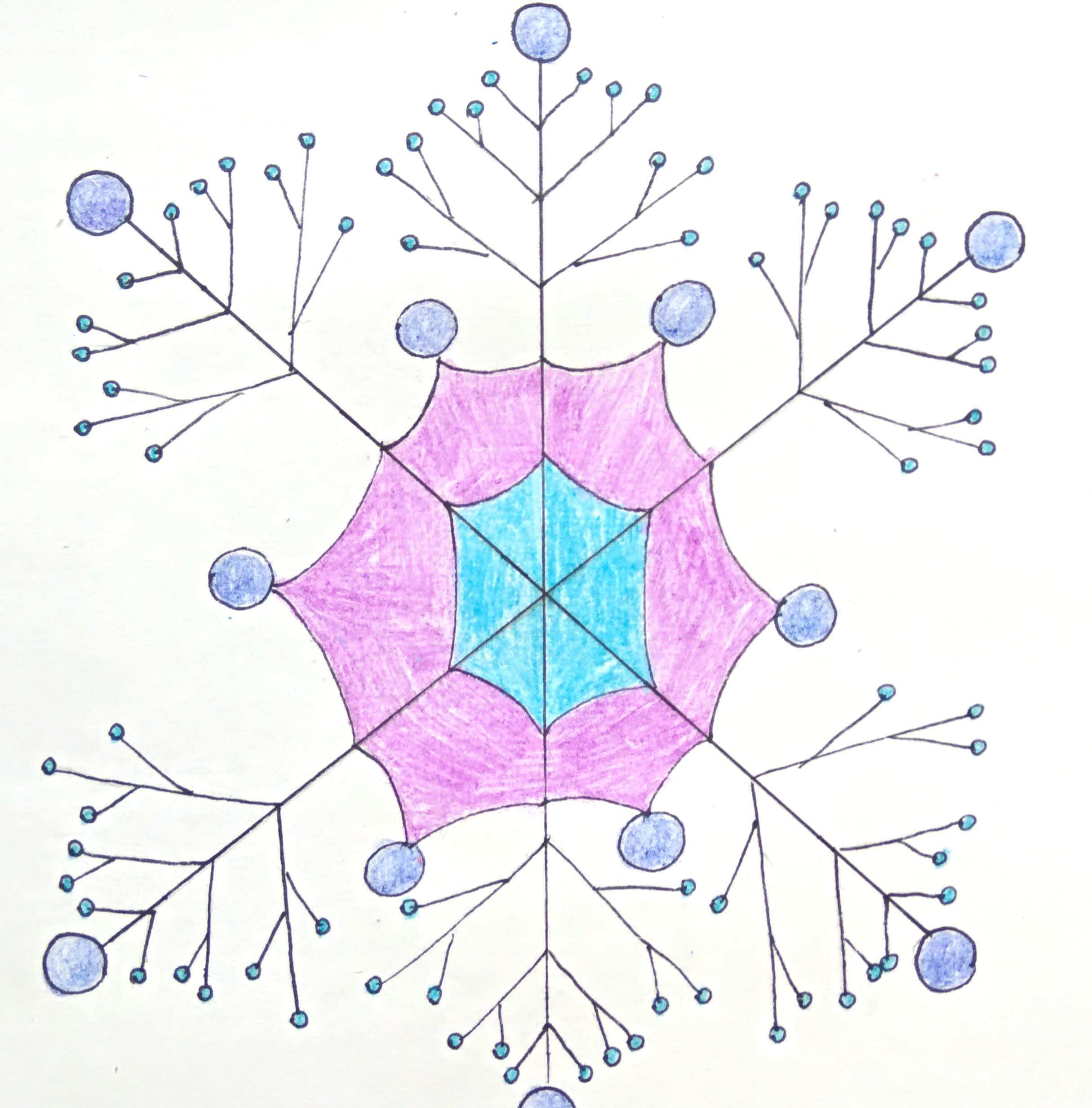 Снежинка рисунок карандашом цветным
