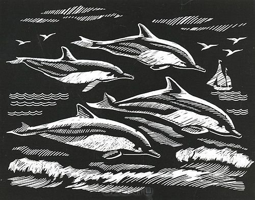 Линогравюра дельфины