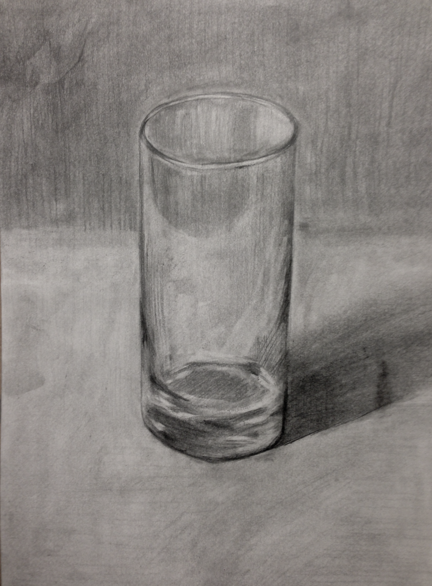 Пустой цилиндрический стеклянный стакан. Стеклянный стакан карандашом. Рисование стеклянных предметов. Натюрморт простой. Натюрморт со стаканом.
