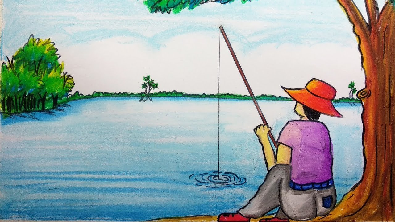 Рыболову легче всего открывается. Рыбалка для срисовки. Рисунок на тему рыбалка. Детские рисунки про рыбалку. Рыбалка рисунок для детей.