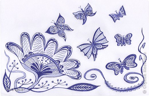 Узоры, цветы синей ручкой