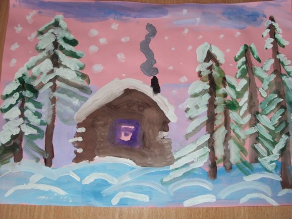 Рисование в ср.гр.домик зимой