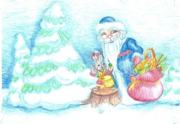 Новогодние рисунки цветными карандашами для детей
