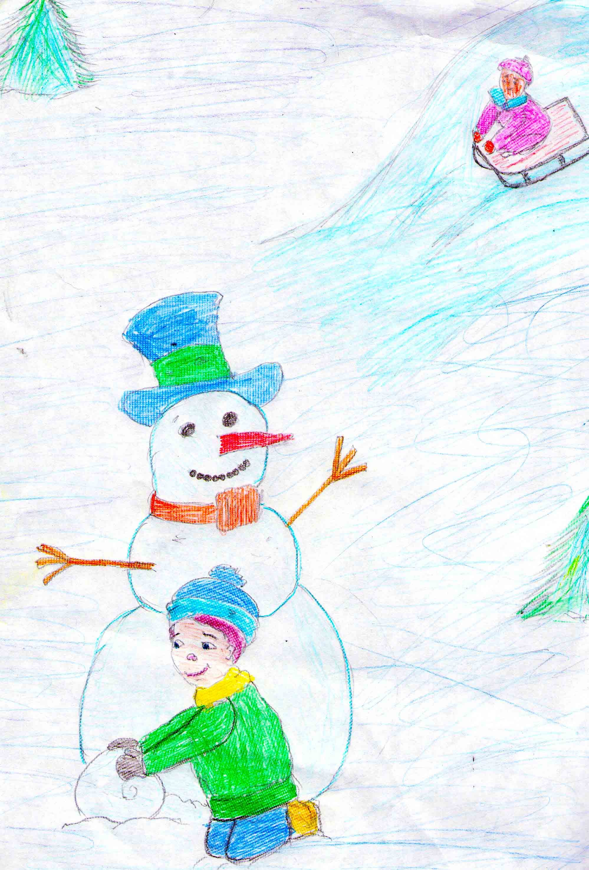 Детский рисунок на тему зимние забавы