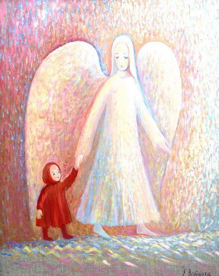 Ангел ведет за руку ребенка