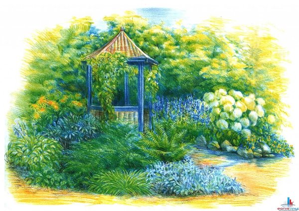 Цветник у беседки в саду