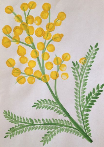 Веточка мимозы ватными палочками