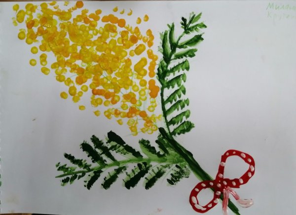 Ветка мимозы ватными палочками