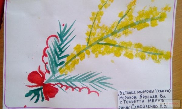 Веточка мимозы восковыми мелками