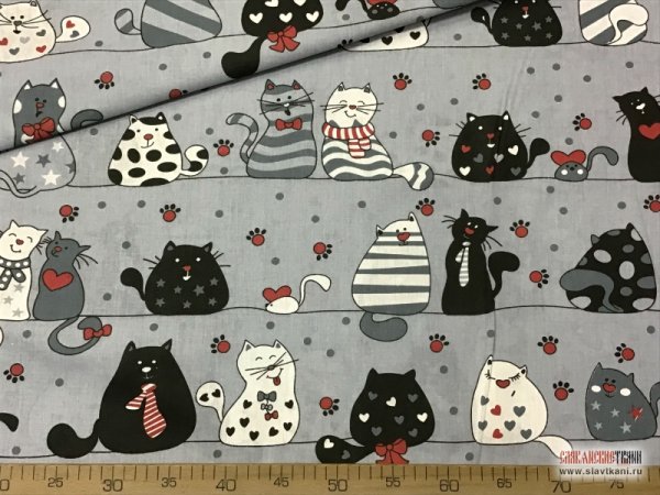 Ткань, бязь, хлопок "мартовские коты на сером"