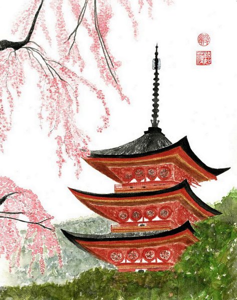 Японский храм акварель