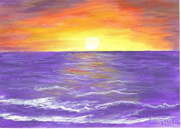 Закат на море гуашью
