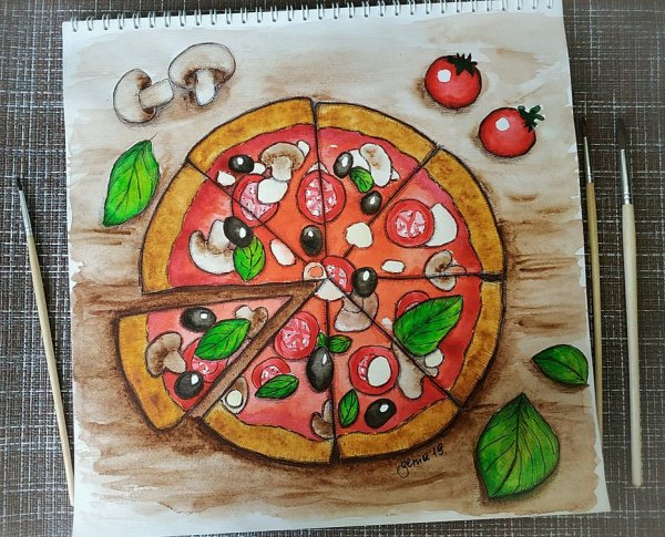 Пицца цветными карандашами