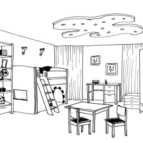 Рисование комнаты с мебелью