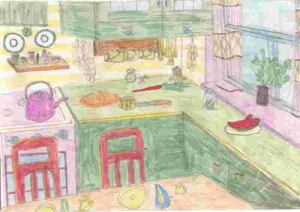 Детский рисунок кухни карандашом