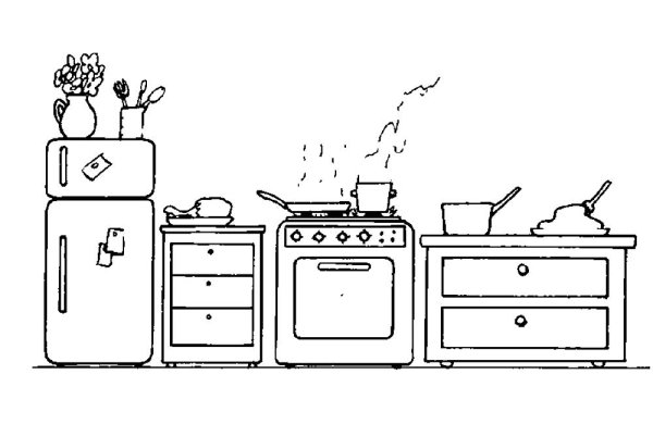 Раскраска кухня с мебелью