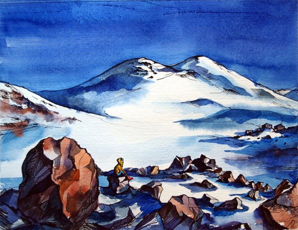 Горы Кавказа Эльбрус акварелью