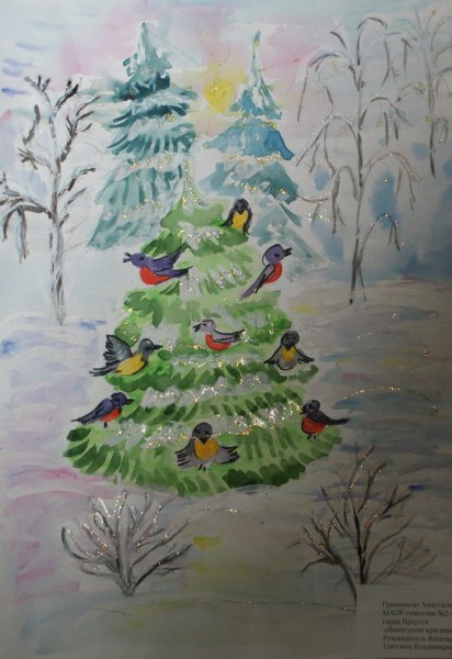 Новый год лес рисование
