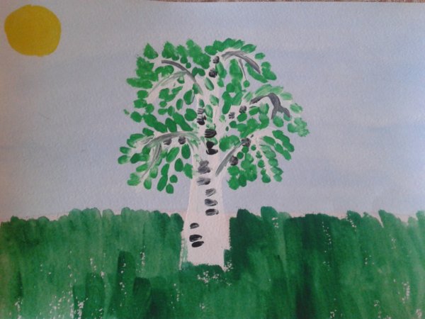Береза цветными карандашами