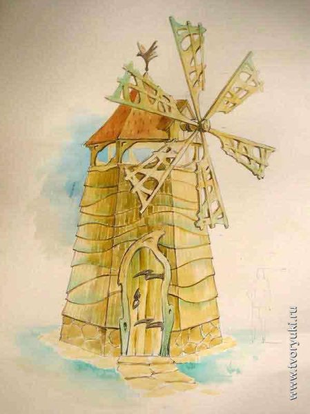 Декоративная мельница в наброске