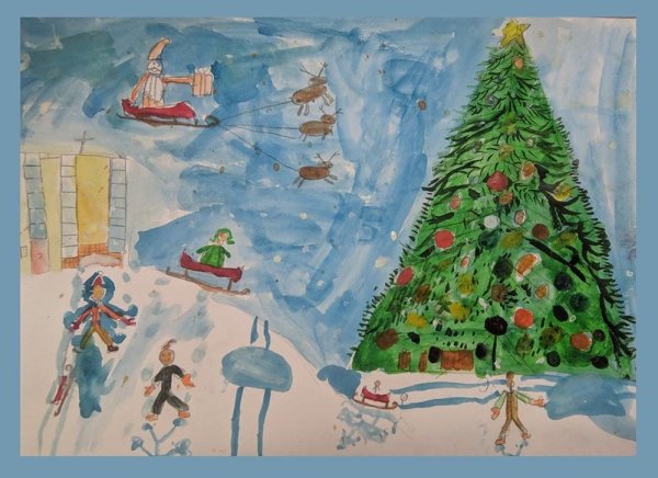 Детский рисунок на тему зима в городе