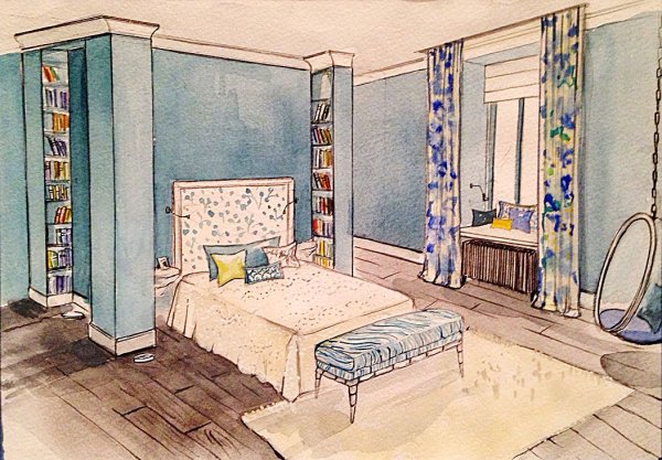 Эскиз интерьера комнаты подростка