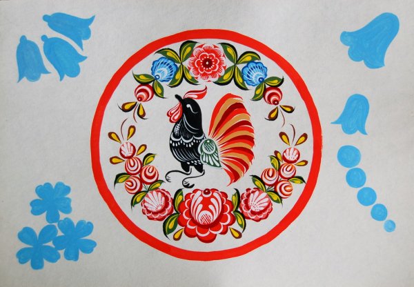 Городецкая роспись петухи и кони