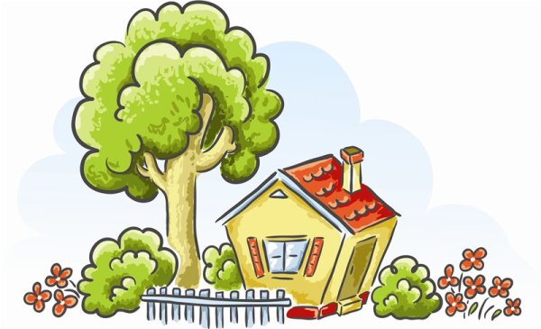 Мультяшный домик рядом с деревом