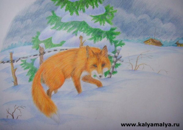 Лиса зимой для рисования детей