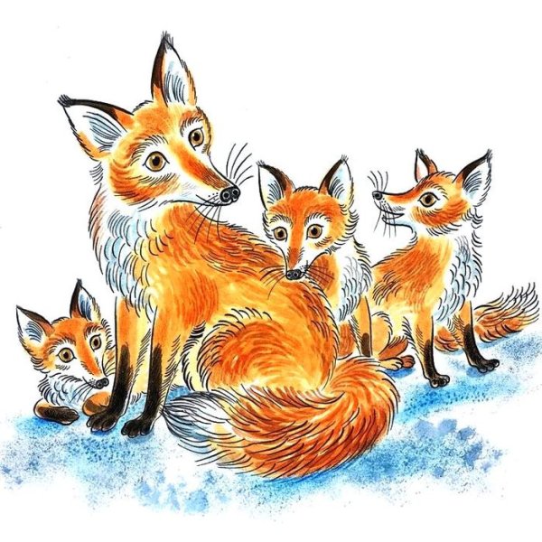 Лиса с лисятами зимой