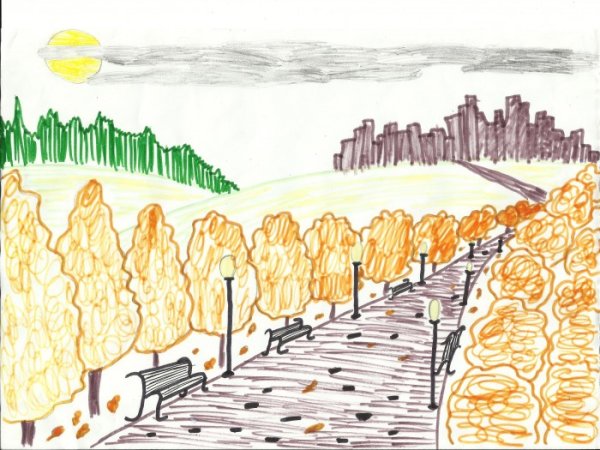 Детский рисунок осень в городе