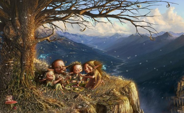 Пикник, эльфы, семья, горы