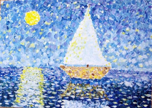 Парусники море живопись пуантилизм