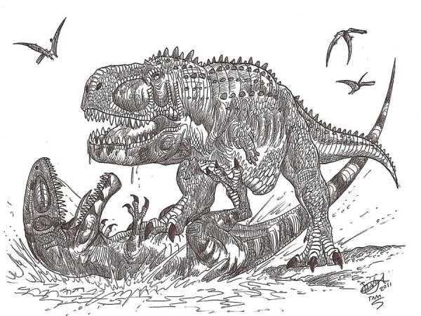 Бой тираннозавра и карнотавра