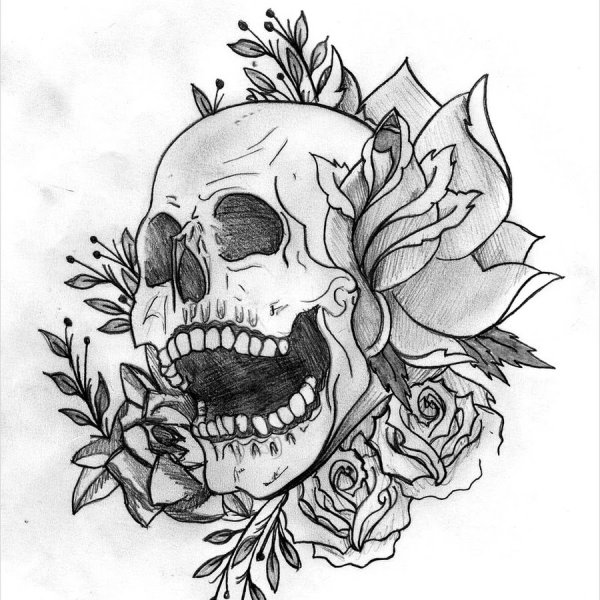 Череп с розами эскиз