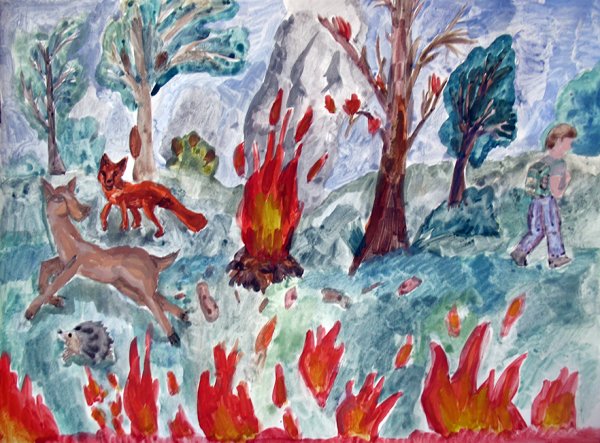 Рисование пожар в лесу