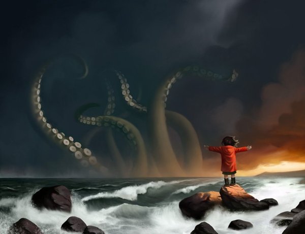 Огромные морские чудовища под кораблем