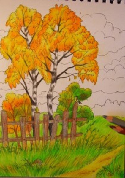 Осенний пейзаж цветными карандашами