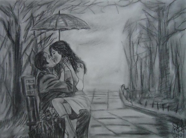 Осенний пейзаж с людьми карандашом