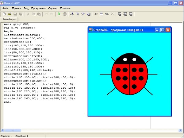 Божья коровка в программе Паскаль АБС