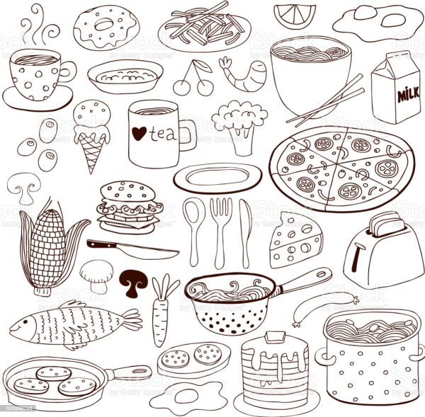 Продукты и посуда раскраски наклейки