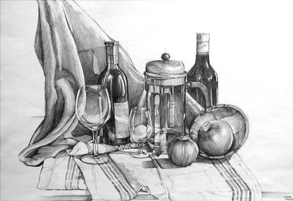 Графика - натюрморт с бутылкой и фруктами