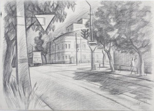 Уличный пейзаж карандашом