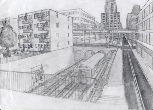 Город в перспективе карандашом