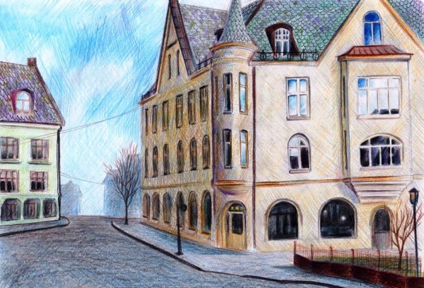 Городской пейзаж цветными карандашами