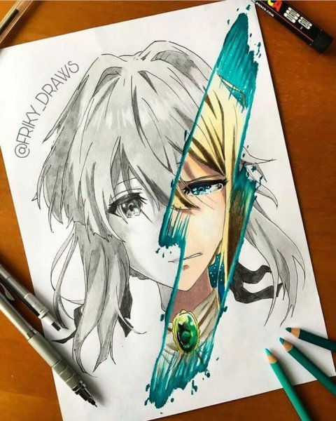 Рисование цветными карандашами аниме