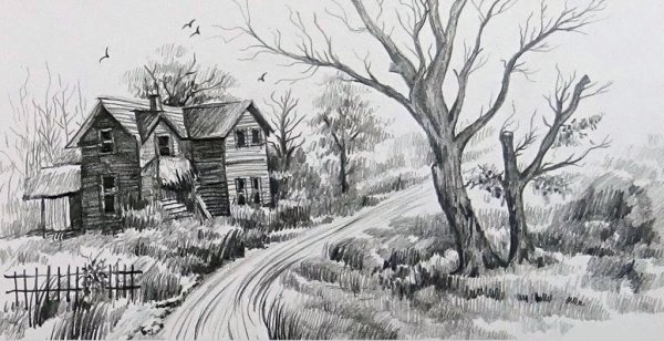 Пейзаж карандашом сложный