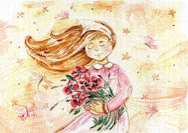 Девочка с цветами акварель